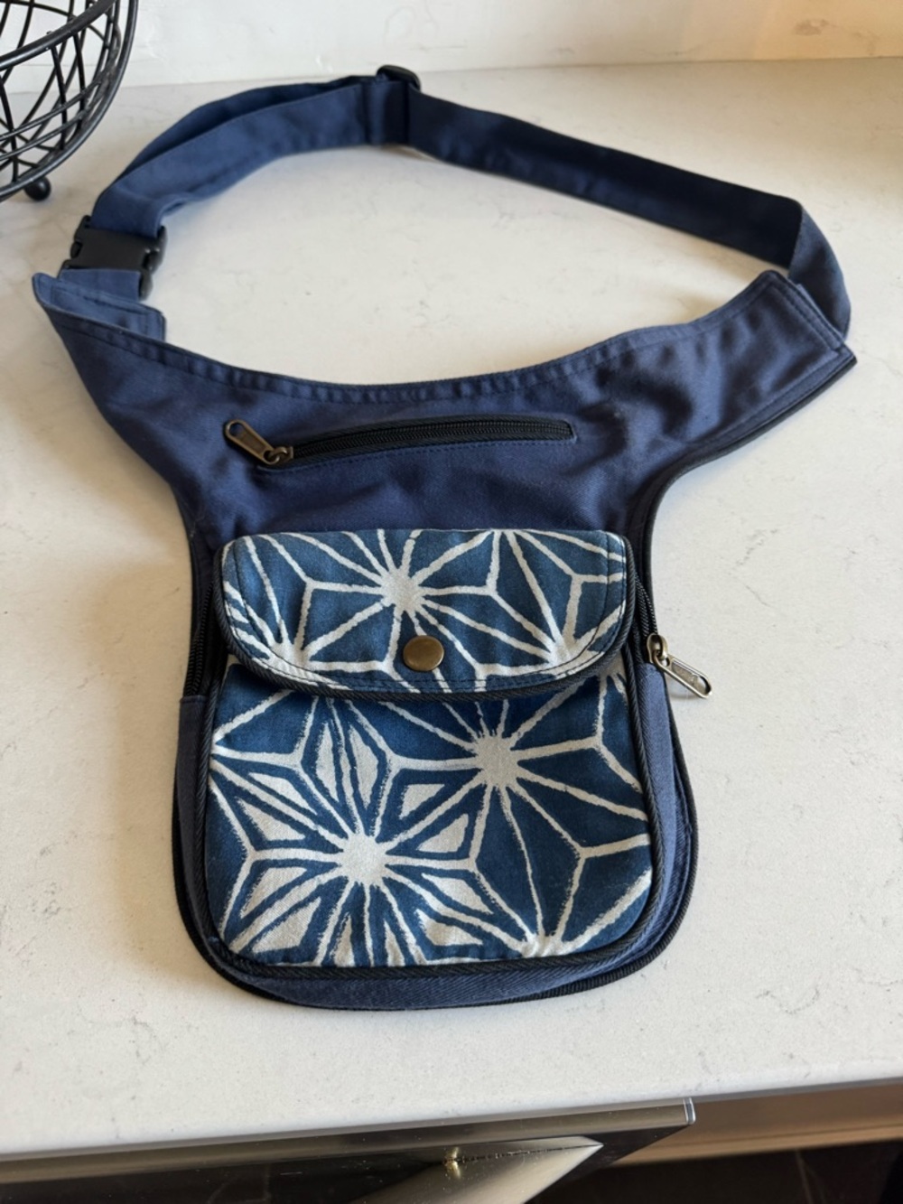 Women’s Navy Blue Canvas Crossbody Bag with Patterned Front Pocket